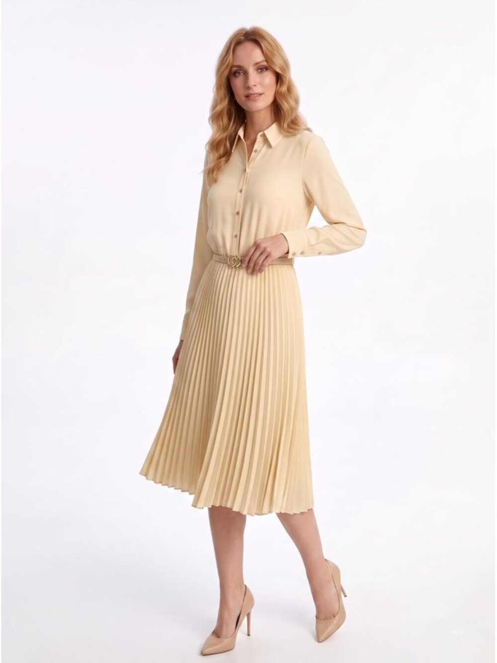 🆕Women's Cream Work Dress with Belt Business Casual Midi Shirt Long Sleeve - Picture 2 of 5